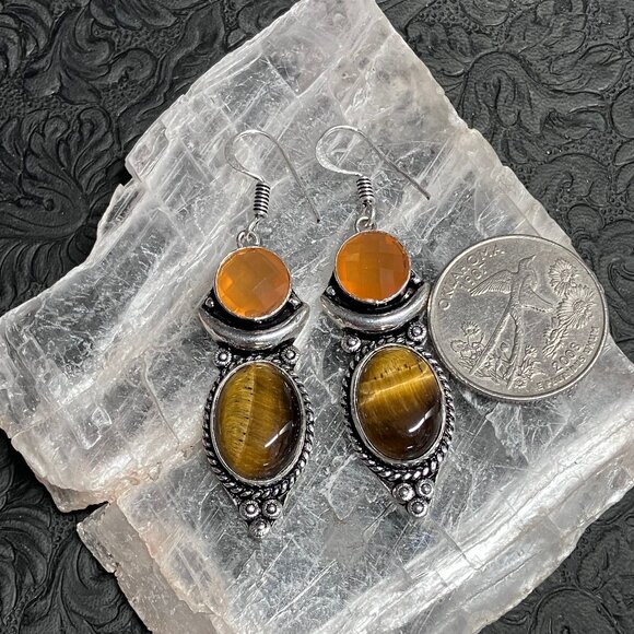 Tigers Eye and Carnelian Crescent Moon Earrings Crystal Stone Jewelry - Picture 6 of 6